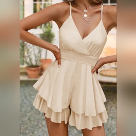 RESERVED FOR LORAINE Glam Adorable Cream Layered Romper Dress - Picture 2 of 13